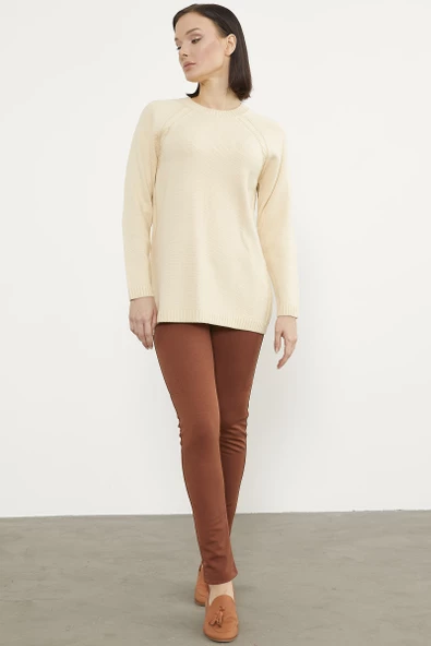 Saç Örgü Detaylı Tunik Triko Kazak - Kemik - Resim 4