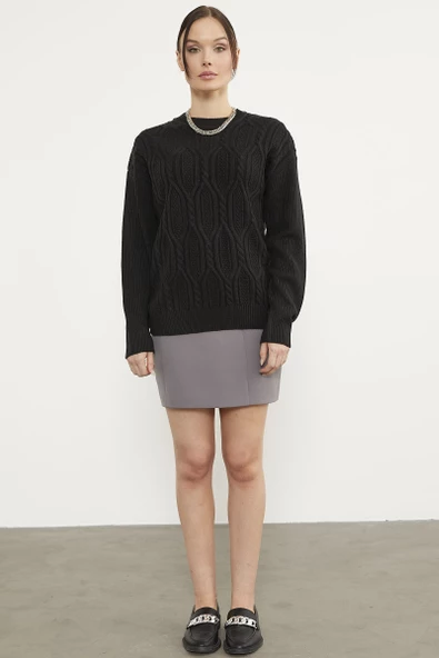 Oversize Kabartma Desenli Triko Kazak - Siyah - Resim 3