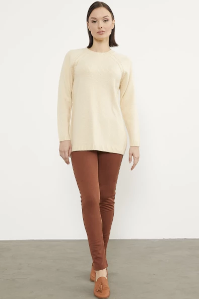 Saç Örgü Detaylı Tunik Triko Kazak - Kemik - Resim 5