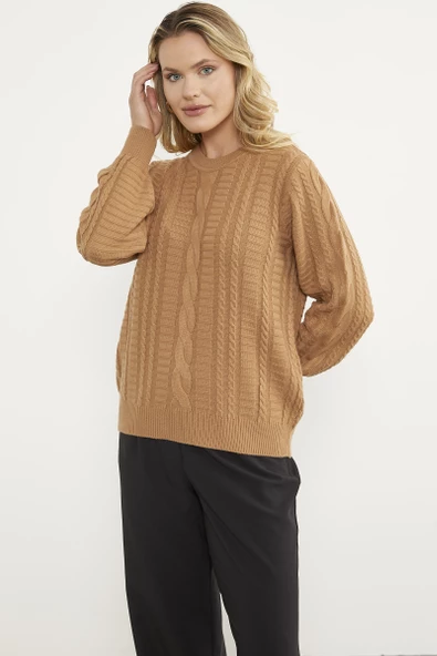 Saç Örgü Sıfır Yaka Triko Kazak - Kamel - Resim 3