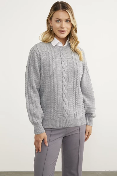 Saç Örgü Sıfır Yaka Triko Kazak - Gri