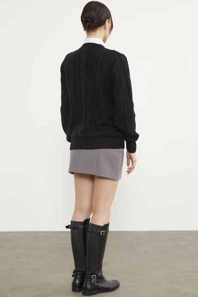 Saç Örgü Sıfır Yaka Triko Kazak - Siyah - Resim 6