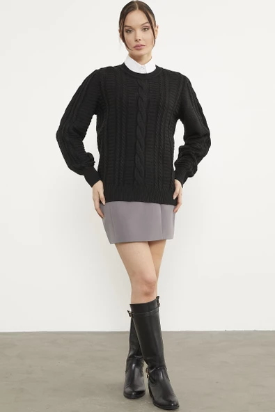 Saç Örgü Sıfır Yaka Triko Kazak - Siyah - Resim 3