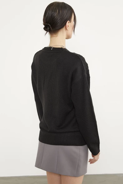 Oversize Kabartma Desenli Triko Kazak - Siyah - Resim 5