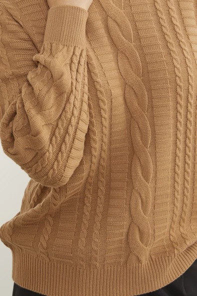 Saç Örgü Sıfır Yaka Triko Kazak - Kamel - Resim 5