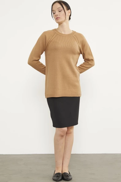 Saç Örgü Detaylı Tunik Triko Kazak - Kamel - Resim 4
