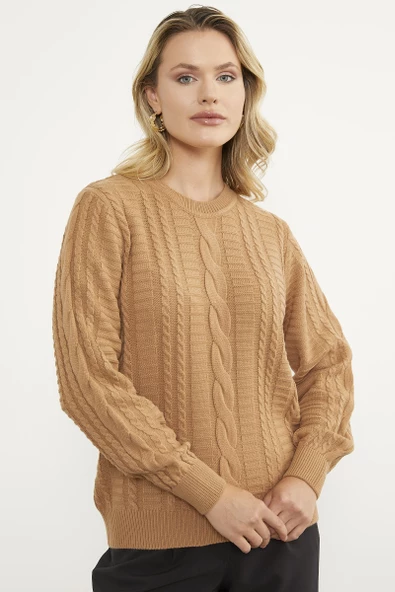 Saç Örgü Sıfır Yaka Triko Kazak - Kamel ürün görseli 1