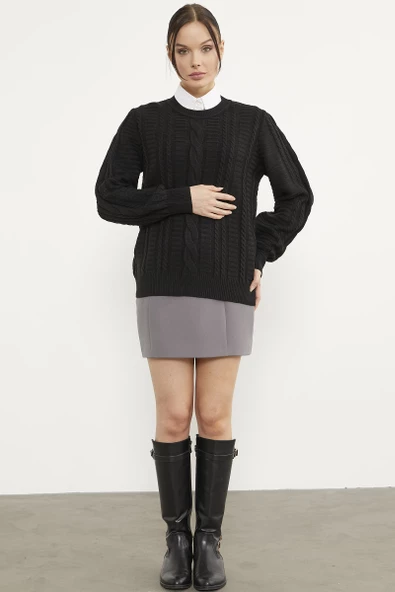 Saç Örgü Sıfır Yaka Triko Kazak - Siyah - Resim 4