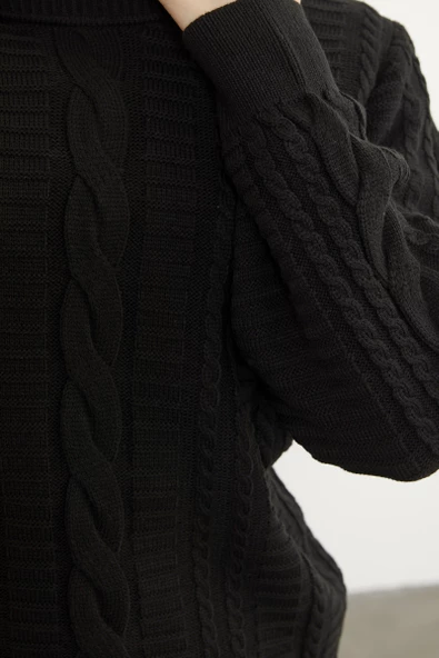 Saç Örgü Sıfır Yaka Triko Kazak - Siyah - Resim 5