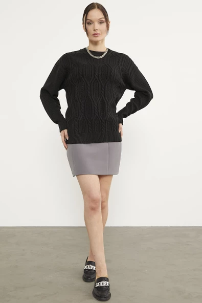 Oversize Kabartma Desenli Triko Kazak - Siyah - Resim 4