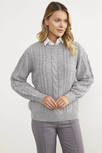 Saç Örgü Sıfır Yaka Triko Kazak - Gri - 2