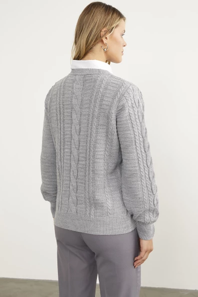 Saç Örgü Sıfır Yaka Triko Kazak - Gri - 5