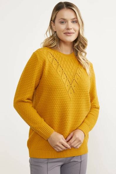 Yaprak Motif Petek Örgü Triko Kazak - Güneş - Resim 3