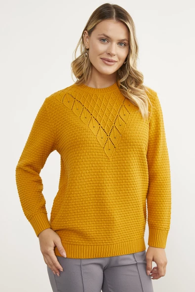 Yaprak Motif Petek Örgü Triko Kazak - Güneş - Resim 2