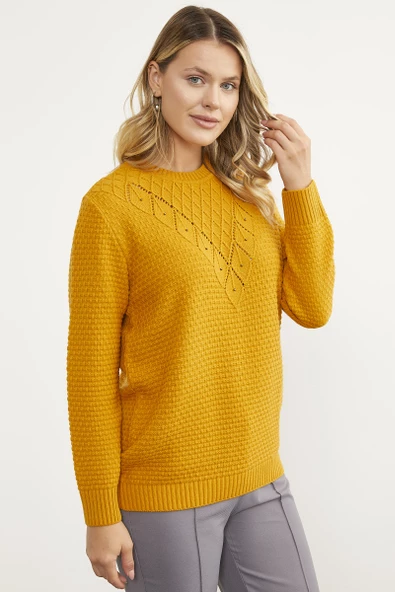 Yaprak Motif Petek Örgü Triko Kazak - Güneş - Resim 5