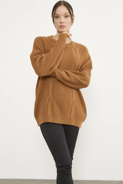 Petek Örgü Sıfır Yaka Triko Kazak - Kamel - Resim 2