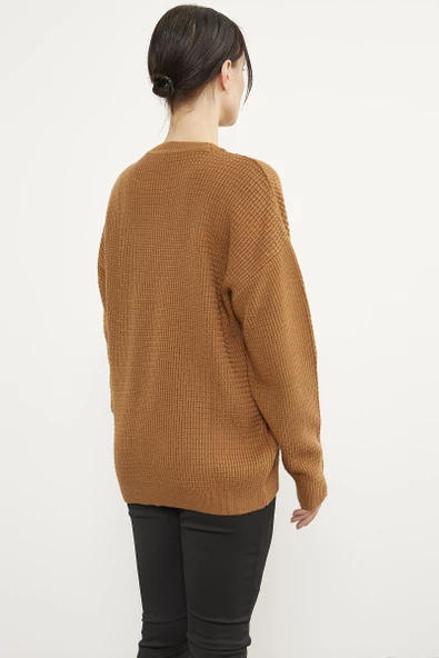 Petek Örgü Sıfır Yaka Triko Kazak - Kamel - Resim 4