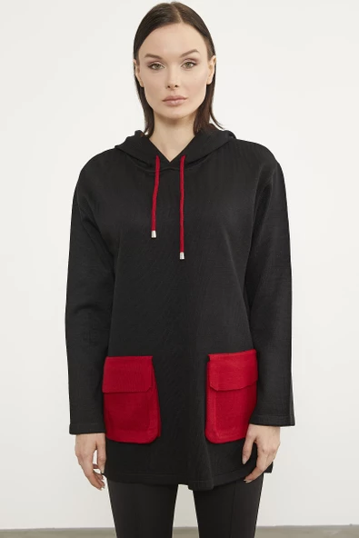 Renkli Cepli Oversize Triko Kazak - Siyah