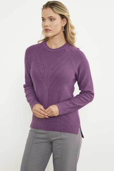 Arkası Uzun Önü Örgü Detaylı Triko Kazak - Lila - Resim 2