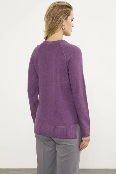 Arkası Uzun Önü Örgü Detaylı Triko Kazak - Lila - Resim 4