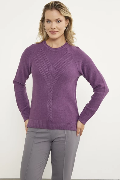 Arkası Uzun Önü Örgü Detaylı Triko Kazak - Lila - Resim 3