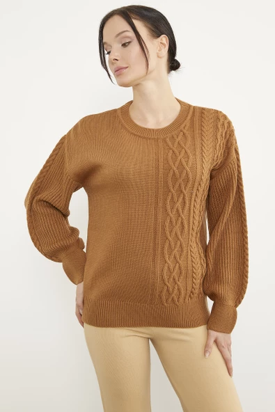 Prenses Kol Örgü Detaylı Triko Kazak - Kamel - Resim 3