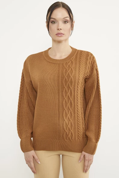 Prenses Kol Örgü Detaylı Triko Kazak - Kamel - Resim 4