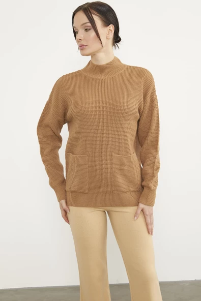 Petek Örgü Dik Yaka Triko Kazak - Kamel - Resim 4