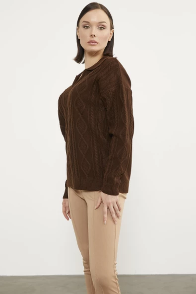 Polo Yaka Desenli Triko Kazak - Kahve - Resim 3