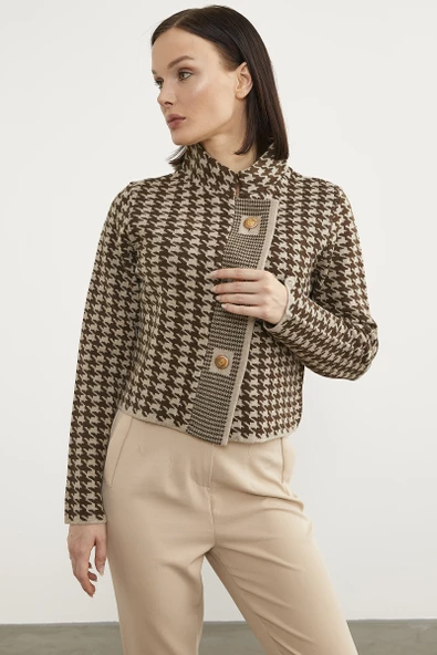 Kazayağı Desenli Dik Yaka Triko Hırka - Vizon - Resim 4