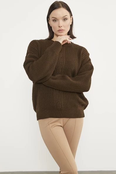 Petek Desenli Oversize Triko Kazak - Kahve - Resim 3