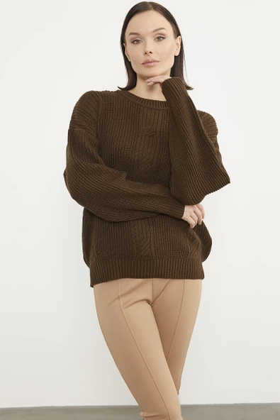 Petek Desenli Oversize Triko Kazak - Kahve - Resim 2