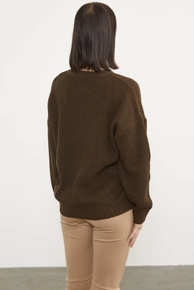 Petek Desenli Oversize Triko Kazak - Kahve - Resim 5