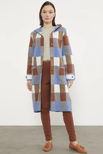 Blok Desenli Renkli Uzun Hırka - Mavi - Resim 2