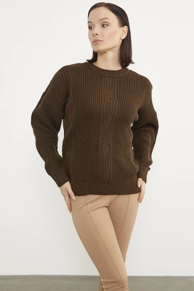 Petek Desenli Oversize Triko Kazak - Kahve - Resim 4