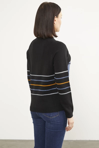 Blok Cepli Renk Çizgili Triko Kazak - Siyah - Resim 5