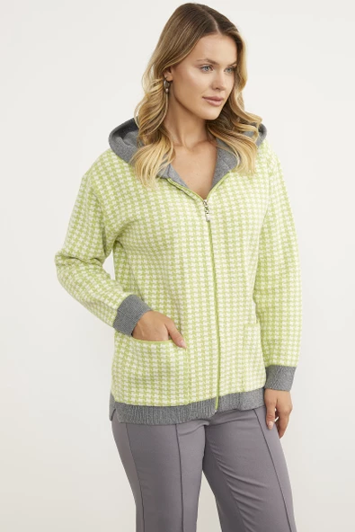 Kazayağı Desenli Cepli Triko Hırka - Yeşil - Resim 3