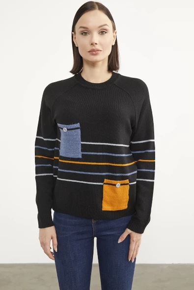 Blok Cepli Renk Çizgili Triko Kazak - Siyah ürün görseli 1