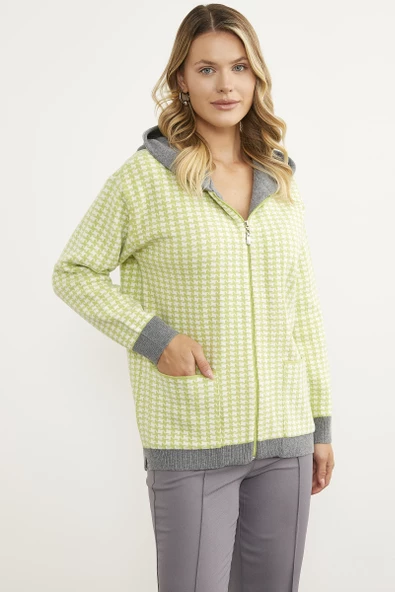 Kazayağı Desenli Cepli Triko Hırka - Yeşil - Resim 2