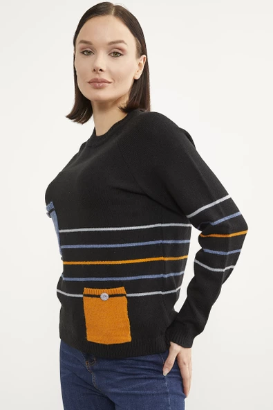 Blok Cepli Renk Çizgili Triko Kazak - Siyah - Resim 4