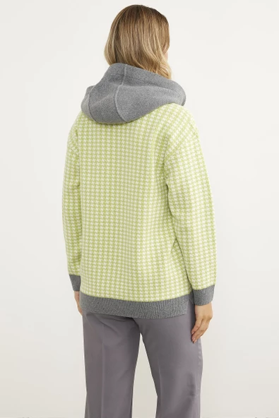 Kazayağı Desenli Cepli Triko Hırka - Yeşil - Resim 6