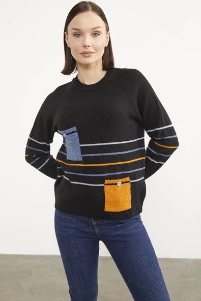Blok Cepli Renk Çizgili Triko Kazak - Siyah - Resim 2