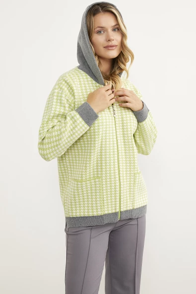 Kazayağı Desenli Cepli Triko Hırka - Yeşil - Resim 5