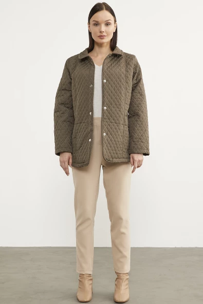 Çıt Çıtlı Gömlek Yaka Kapitone Mont - Haki - 3