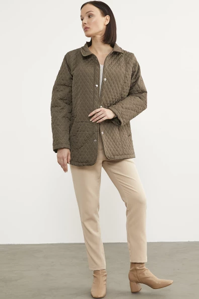 Çıt Çıtlı Gömlek Yaka Kapitone Mont - Haki - 2