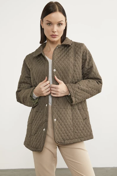 Çıt Çıtlı Gömlek Yaka Kapitone Mont - Haki - 5