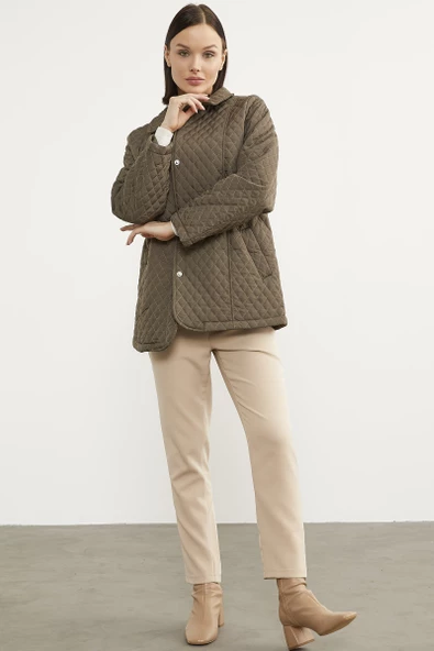 Çıt Çıtlı Gömlek Yaka Kapitone Mont - Haki - 4