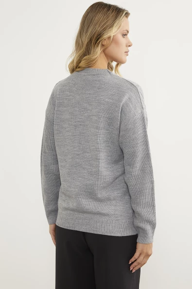 Oversize Kabartma Desenli Triko Kazak - Gri - Resim 6