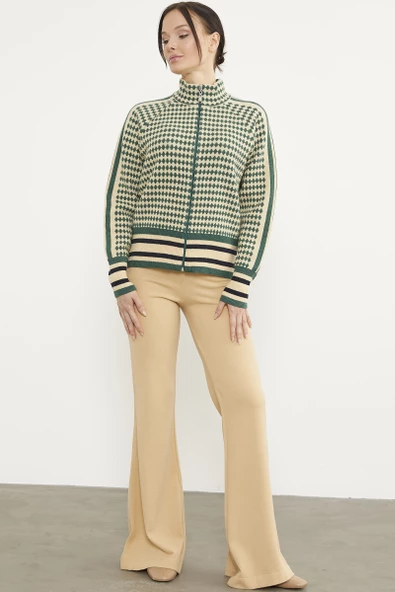 Kazayağı Desenli Fermuarlı Triko Hırka - Yeşil - Resim 3