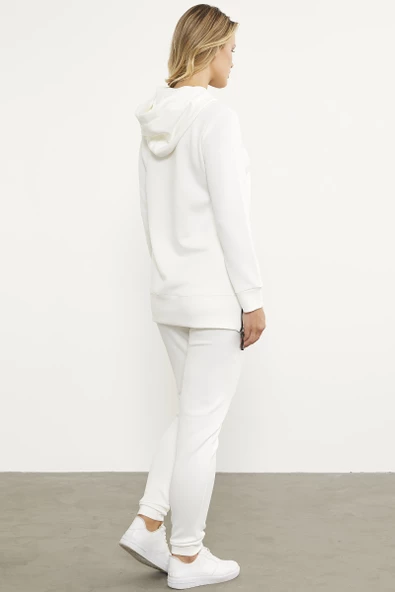 Dalgıç Kumaş Kapüşonlu Tunik Eşofman Takım - Ekru - Resim 7